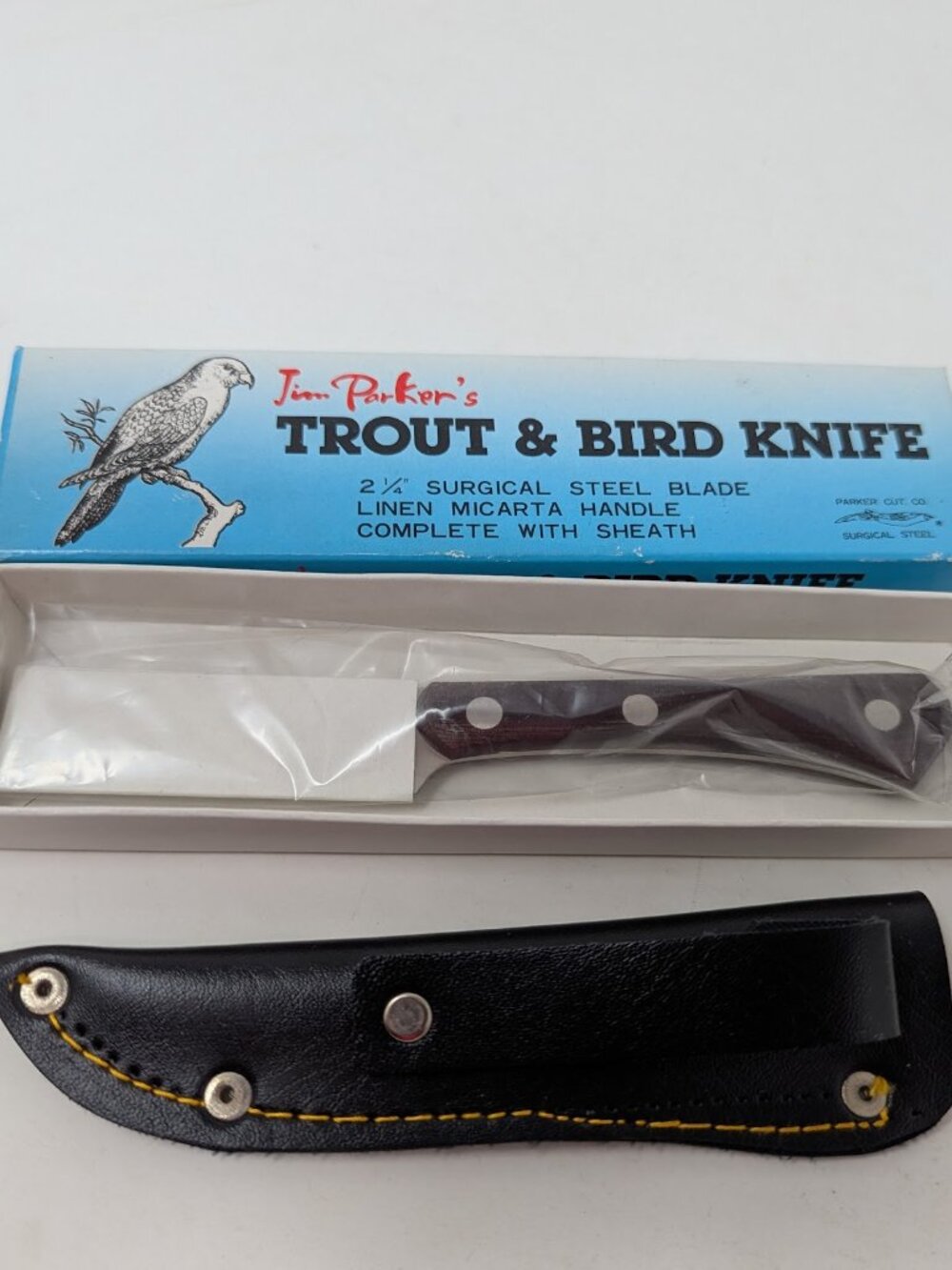 Jim Parker's Trout and Bird Knife with leather sheath in box (NOS) Vintage